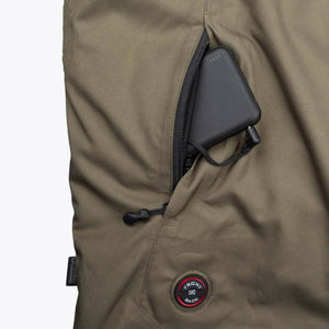 Olive green 1/4 zip heated anorak hoodie by Mobile Warming, with an open zippered pocket holding a black power bank, and a 'FRONT N BACK' patch.