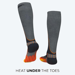 Men's merino heated socks in gray and black by Mobile Warming, with orange accents and glowing orange toes.