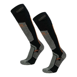 Black and gray compression heated socks by Mobile Warming, featuring orange accents and ribbed texture.
