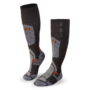 Dark grey heated compression socks by Mobile Warming, with orange accents, grey patterns, and a subtle zipper.