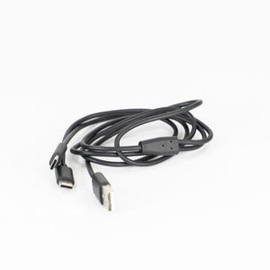 Black USB to USB-C split cable by Mobile Warming, coiled on a white background, featuring one USB-A and two USB-C connectors.