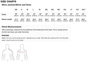 Waterproof Heated Jacket by Mobile Warming size chart, displaying men's chest and sleeve length measurements for various sizes and instructional diagrams.