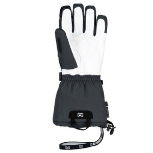 White and dark grey Women's Aerial Ski Gloves by Mobile Warming, featuring an elasticized wrist, adjustable strap, and attached wrist leash.