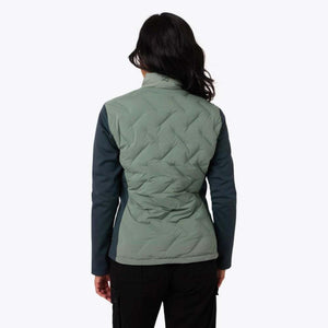 Women's sage green and navy hybrid heated jacket by Mobile Warming, seen from the back with a diagonal quilted pattern.