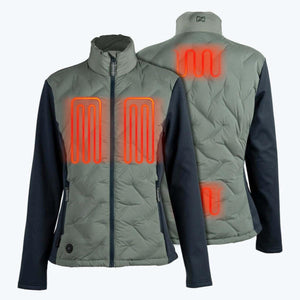 Women's grey and navy hybrid heated jacket by Mobile Warming, showing glowing orange heating elements on chest, upper back, and lower back, with quilted body and smooth sleeves.