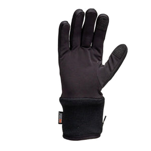 Black Women's Heated Glove Liners by Mobile Warming, with touchscreen-compatible fingertips, ribbed cuffs, and a small brand tag.