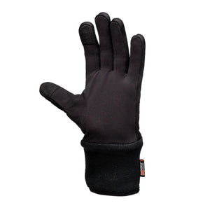 Black glove liner by Mobile Warming featuring smooth fabric, ribbed cuff, touchscreen fingertips, and a small red brand tag.