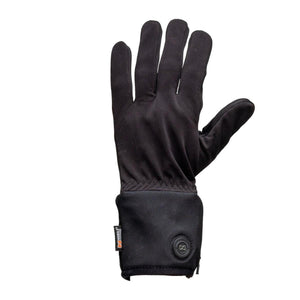 Black heated glove liner by Mobile Warming, with an N-logo button and a small brand tag on the wrist cuff.