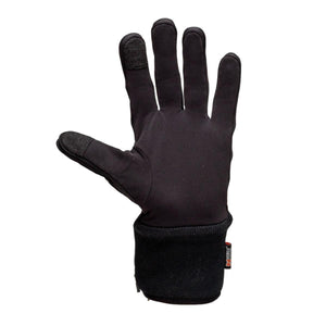 Black women's heated glove liner by Mobile Warming with touchscreen fingertips, ribbed cuff, and brand tag.