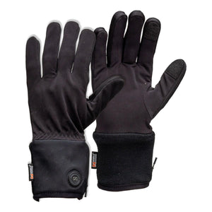 Black heated glove liners by Mobile Warming with ribbed cuffs, a power button, and touchscreen fingertips.