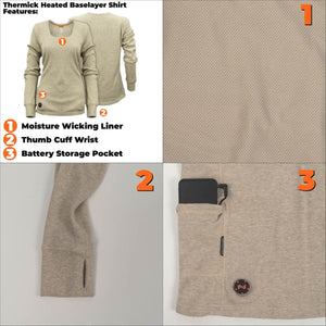 Women's beige heated baselayer shirt by Mobile Warming with moisture-wicking texture, thumb cuffs, and battery pocket.