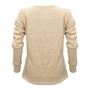 Beige waffle-knit long-sleeve baselayer shirt by Mobile Warming, with a round neck, raglan sleeves, ribbed cuffs, and curved hem, shown from the back.