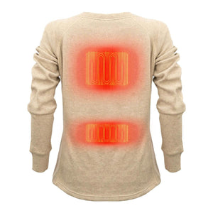 Beige waffle knit women's baselayer shirt by Mobile Warming, featuring two glowing red heating elements on the back.