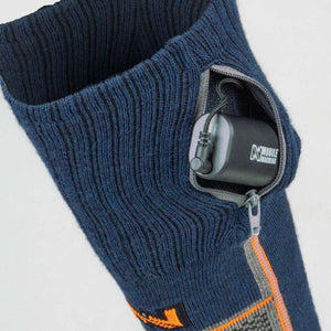 Navy blue wool blend heated sock by Mobile Warming with a black battery pack in a zippered side pocket and orange and grey patterns.