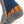 Blue, grey, and orange wool blend heated socks by Mobile Warming, with textured grey panels, ribbed heel, and orange accent stripes, close-up side view.