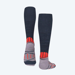 Black and gray wool blend heated socks by Mobile Warming, featuring red accents, shown as a pair.
