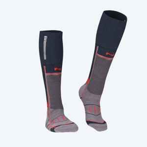 Dark grey and light grey wool blend heated socks by Mobile Warming, featuring red accents, mesh texture, and a calf zipper.