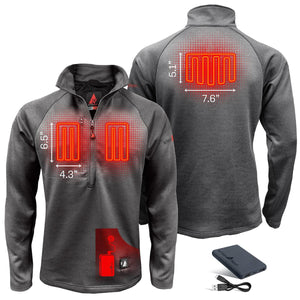 Men's dark grey 1/2 zip heated pullover shirt by ActionHeat, showing front and back heating elements with size callouts and a battery pack.