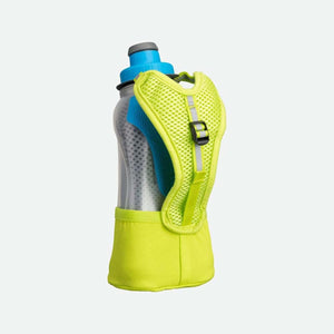 Insulated handheld water bottle with a neon green mesh sleeve by Nathan, featuring a clear bottle, blue cap, and gray spout from a side view.