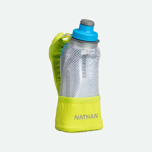 Insulated handheld water bottle with a neon yellow holder and clear body by Nathan, featuring a repeating 'NATHAN' pattern, blue cap, and grey spout.