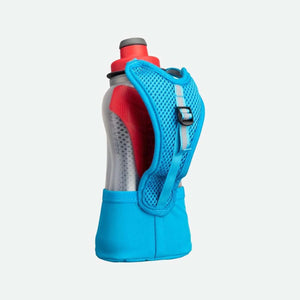 Blue insulated handheld water bottle by Nathan, featuring a clear body with red accents, a red cap, and a mesh hand strap.