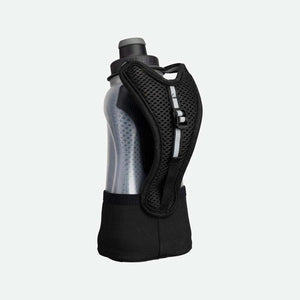 Black and transparent grey insulated handheld water bottle by Nathan, with a black mesh hand strap, dotted design, and reflective vertical stripe, angled view.
