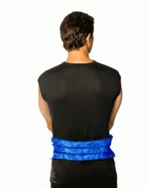 Blue segmented herbal pack by Nature Creation, worn on the lower back of a person in a black shirt, seen from behind.