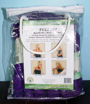 Purple Full Treatment Set of Hot & Cold Herb Packs by Nature Creation, in a clear zippered bag with a descriptive label.