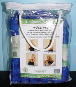 Blue reusable hot and cold pack set by Nature Creation, in a clear zippered bag with a white rope handle, showing various uses.