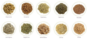 Shoulder Wrap Herbal Pack by Nature Creation, with piles of ten distinct herbs and seeds like chamomile and cinnamon.