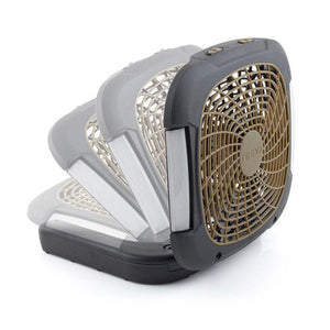 Dark gray and tan portable camping fan by Treva, with integrated white lights and adjustable angle, showing the 'TREVA' logo.