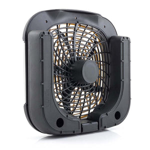10-inch black battery camping fan with lights by Treva, showing gold blades behind a black grille, angled back view.