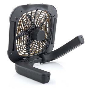 Black square-framed portable fan by Treva, with a black grill, gold blades, and an unfolded adjustable base.