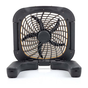 10-inch black battery camping fan by Treva with foldable base and visible inner light ring.