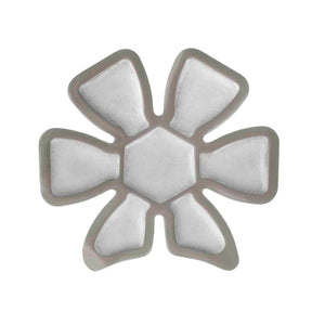 Light grey and grey cooling pad by Onyx Cool with a hexagonal center and six petal-shaped sections.