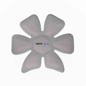 Multi-lobed cooling pad insert by Onyx Cool, light grey with dark grey edges and a blue logo.
