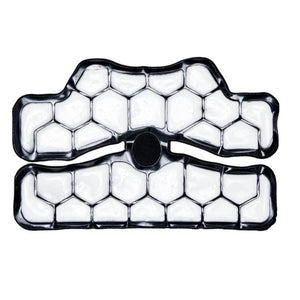 Black and white knee pad by Onyx Cool featuring a segmented honeycomb pattern and central black circular detail.