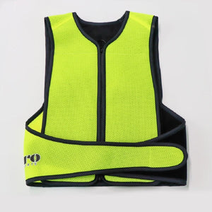 Neon yellow mesh cooling vest by Oro Sports with black trim, a front zipper, adjustable side straps, and a 'ro SPORTS' logo.