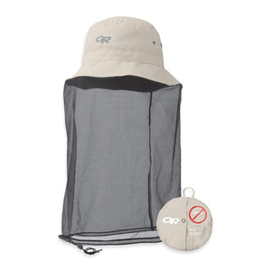 Light beige bug bucket hat by Outdoor Research with a full black mesh skirt and a matching folded carry pouch.