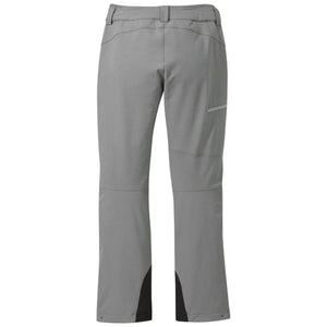 Grey women's pants by Outdoor Research, back view, with a zippered thigh pocket and reinforced black ankle patches.
