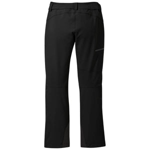 Black women's outdoor pants by Outdoor Research with reinforced knees, cuffs, and a zippered side pocket, back view.