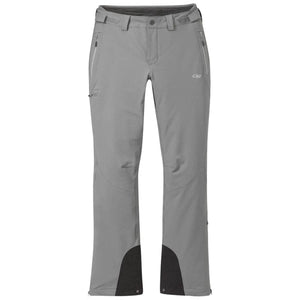 Grey women's technical pants by Outdoor Research with zippered pockets, articulated knees, and black reinforced ankle patches.