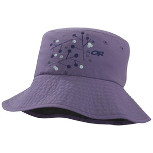 Women's purple sun bucket hat by Outdoor Research featuring a branch and berry pattern and quilted brim.
