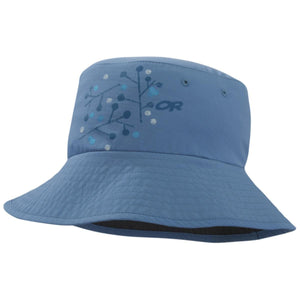 Blue sun bucket hat by Outdoor Research, with a white and light blue branch pattern, 'OR' logo, and textured brim.