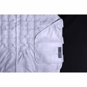 Light grey cooling vest by Peke Safety, featuring a quilted pattern, smooth pocket flap, and side fastening straps.