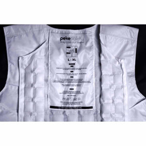 White hydrogel cooling vest by Peke Safety, back view with internal segmented pockets and instruction label.