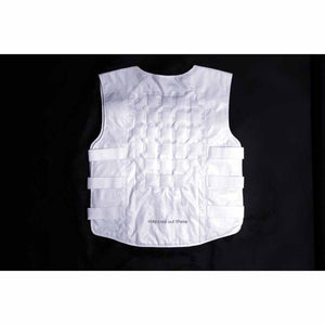 White quilted cooling vest by Peke Safety, with padded squares on the back, side adjustment straps, and "stay cool out there" text.
