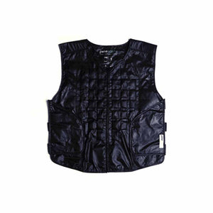 Black quilted cooling vest by Peke Safety with a front zipper, multiple pockets, and a small white tag on the side.