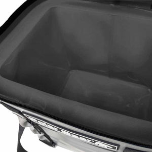 Grey Cooler Bag by Polar Bear Coolers, open with a dark interior liner and visible zipper.