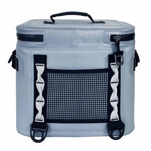 Grey portable cooler bag by Polar Bear Coolers, with a top handle, zippered lid, and front mesh pocket with side attachment straps.